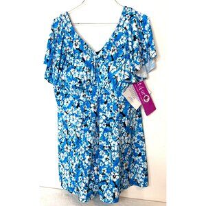 NWT Fit 4 U Swimsuit Swim Dress Women Plus 20W Blue Floral NEW Hibiscus Hawaiian